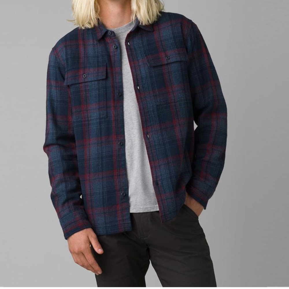 Prana Glover Park Men's Lined Flannel Shirt Jacket Plaid, Dark Sky, SMALL